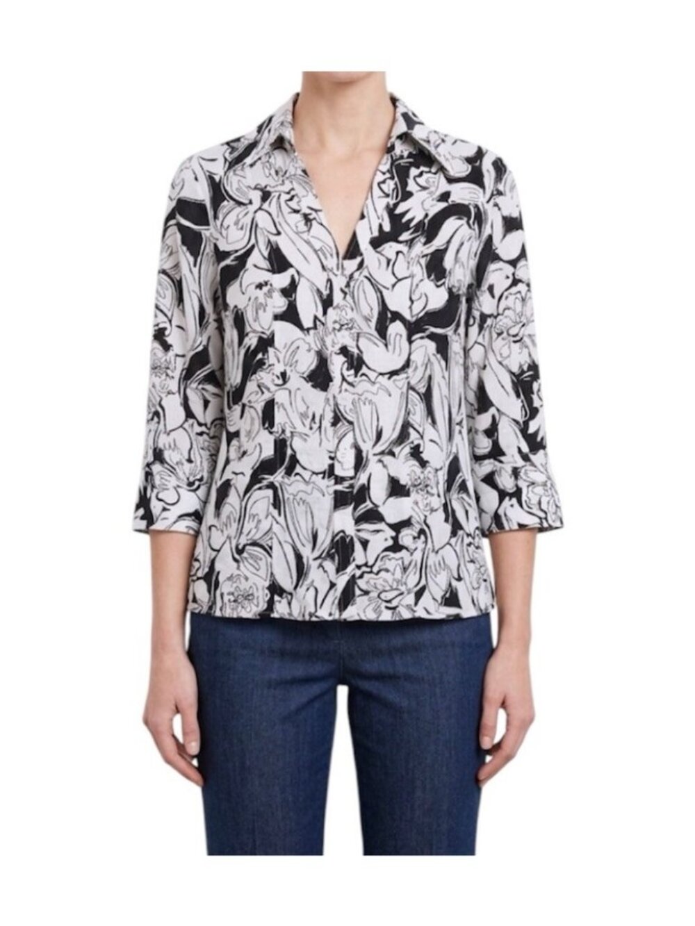 Harve Benard White & Black Linen Blend  Floral Print Tropical Beachy Shirt Small
